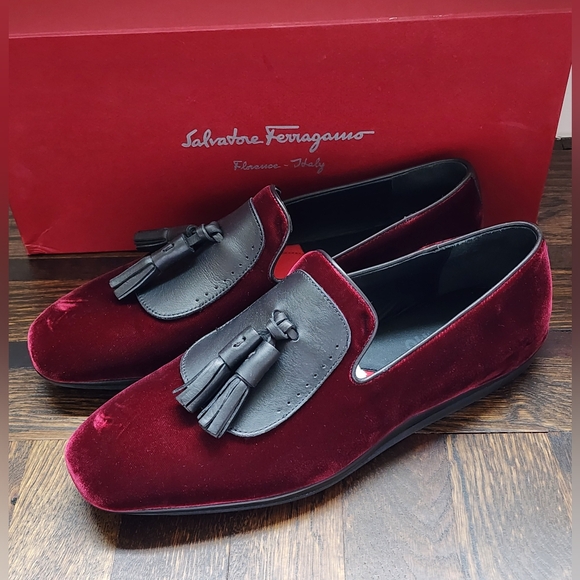 $685 New Salvatore Ferragamo Men Finnegan Red Velvet Tassel Loafers 8 - Picture 6 of 10